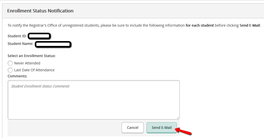 Enrollment Status Notification Comment Box
